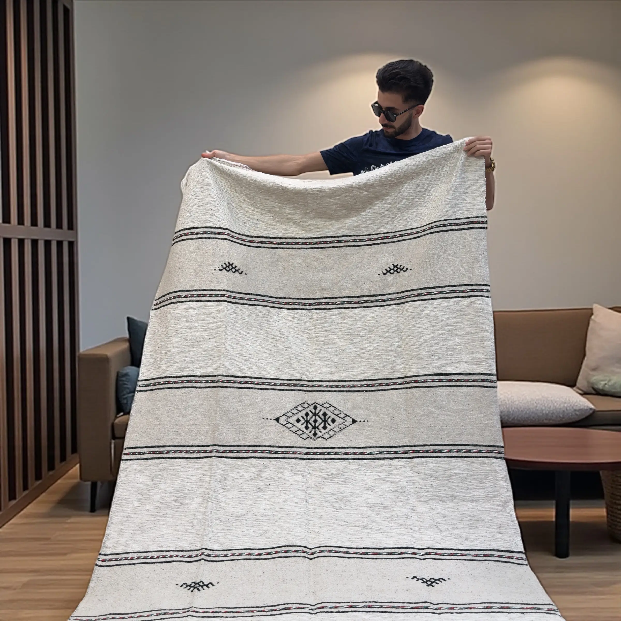 Handmade Moroccan Berber Wool Blanket – Jasmine, Saffron & Poppy Tones