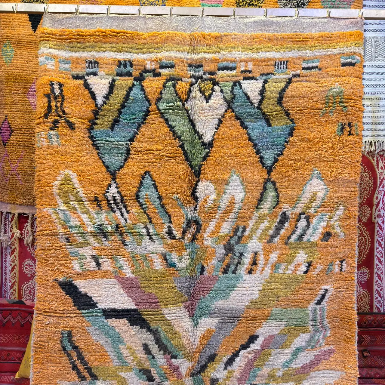 Colorful Moroccan Beni Ourain Rug – Authentic Handmade Wool Berber Carpet - 220×140 cm/ 7,3 × 4,7 feet