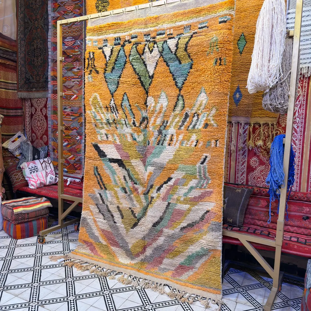 Colorful Moroccan Beni Ourain Rug – Authentic Handmade Wool Berber Carpet - 220×140 cm/ 7,3 × 4,7 feet