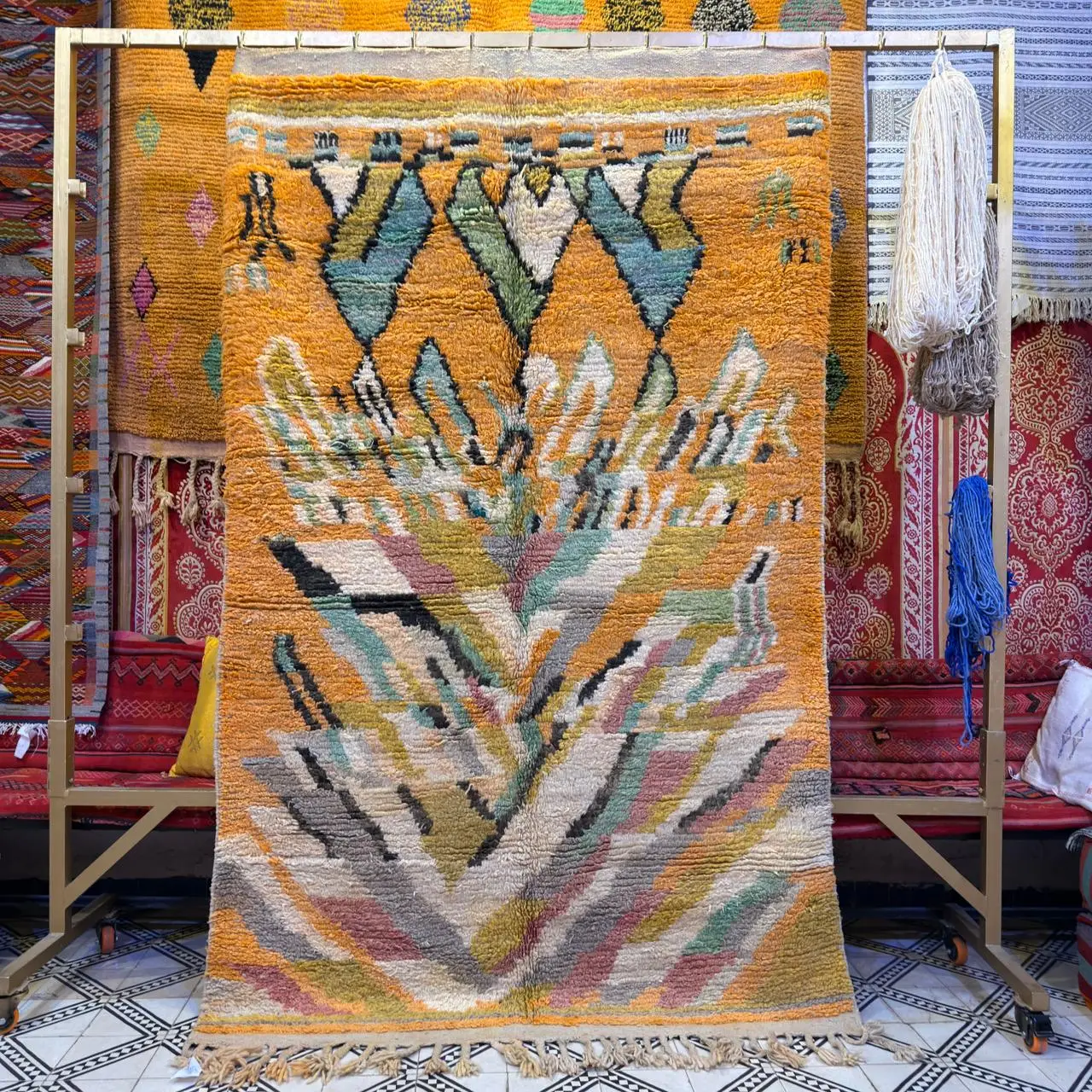 Colorful Moroccan Beni Ourain Rug – Authentic Handmade Wool Berber Carpet - 220×140 cm/ 7,3 × 4,7 feet