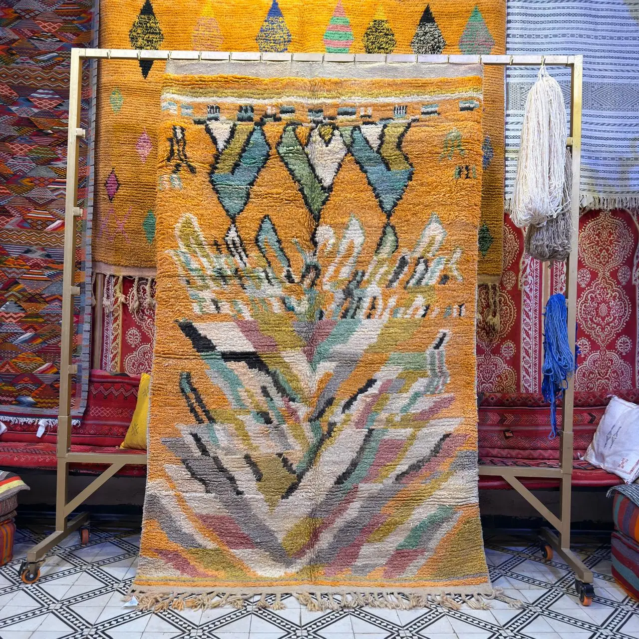 Colorful Moroccan Beni Ourain Rug – Authentic Handmade Wool Berber Carpet - 220×140 cm/ 7,3 × 4,7 feet