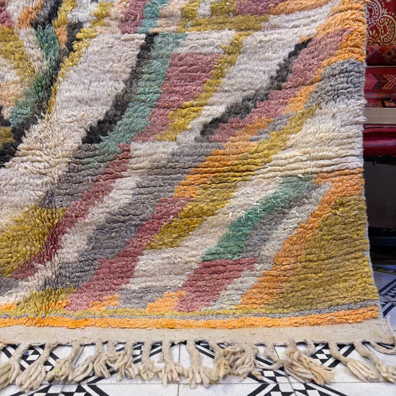 Colorful Moroccan Beni Ourain Rug – Authentic Handmade Wool Berber Carpet - 220×140 cm/ 7,3 × 4,7 feet