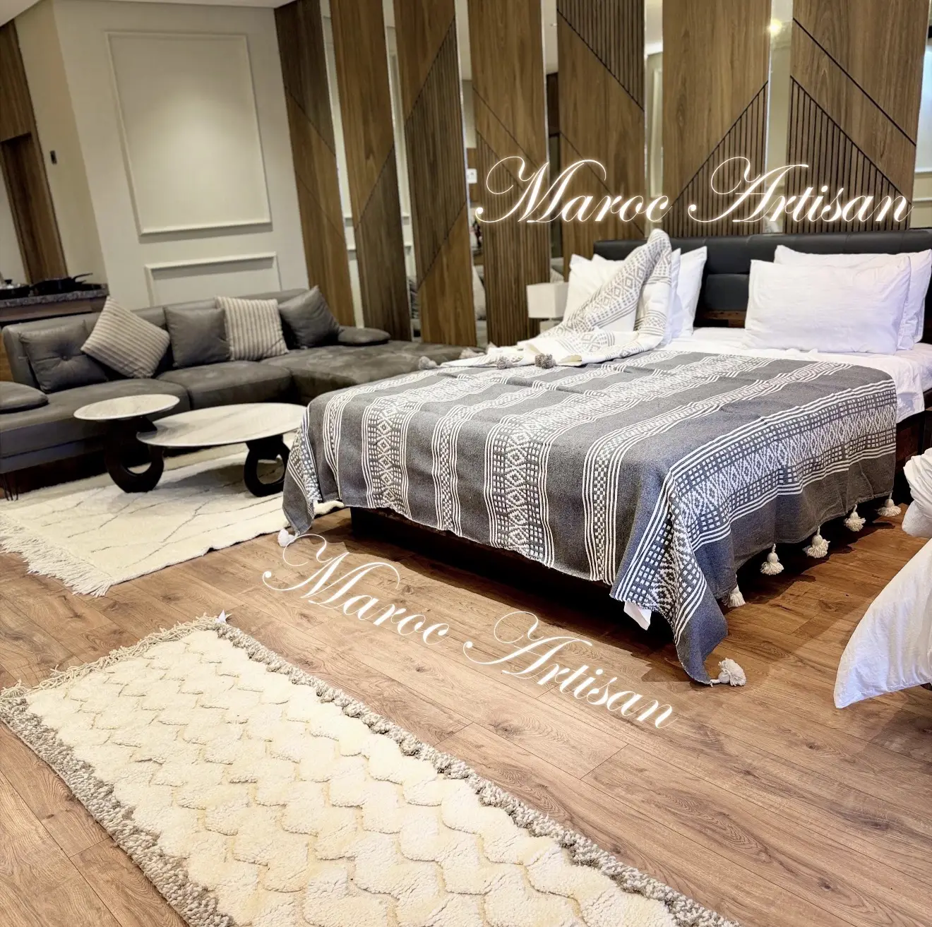 Authentic Moroccan Pom Pom Blanket – Grey & White Berber Loom Bedspread - Artisanal Pillows & Handwoven Wool Blankets