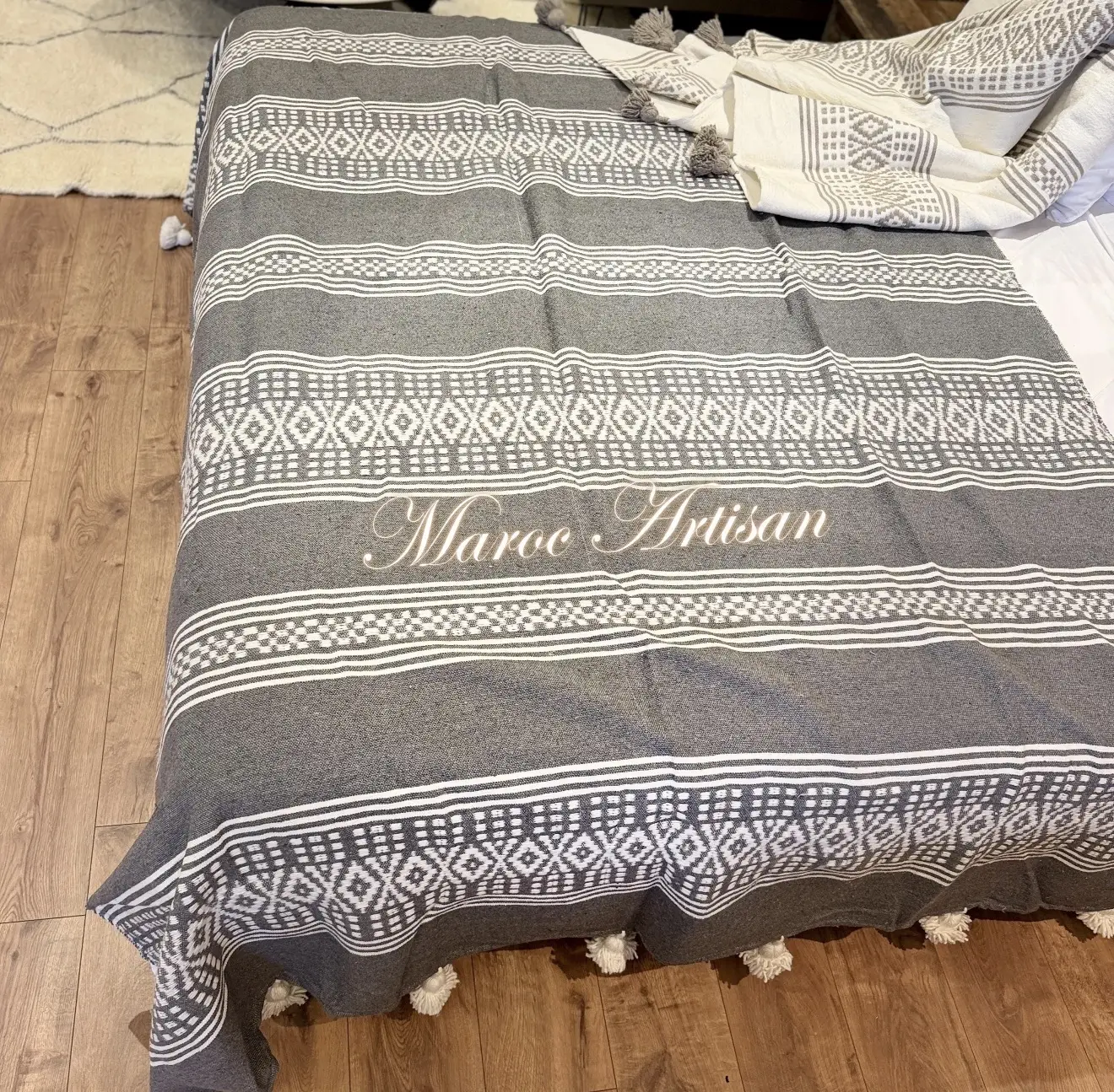 Authentic Moroccan Pom Pom Blanket – Grey & White Berber Loom Bedspread - Artisanal Pillows & Handwoven Wool Blankets
