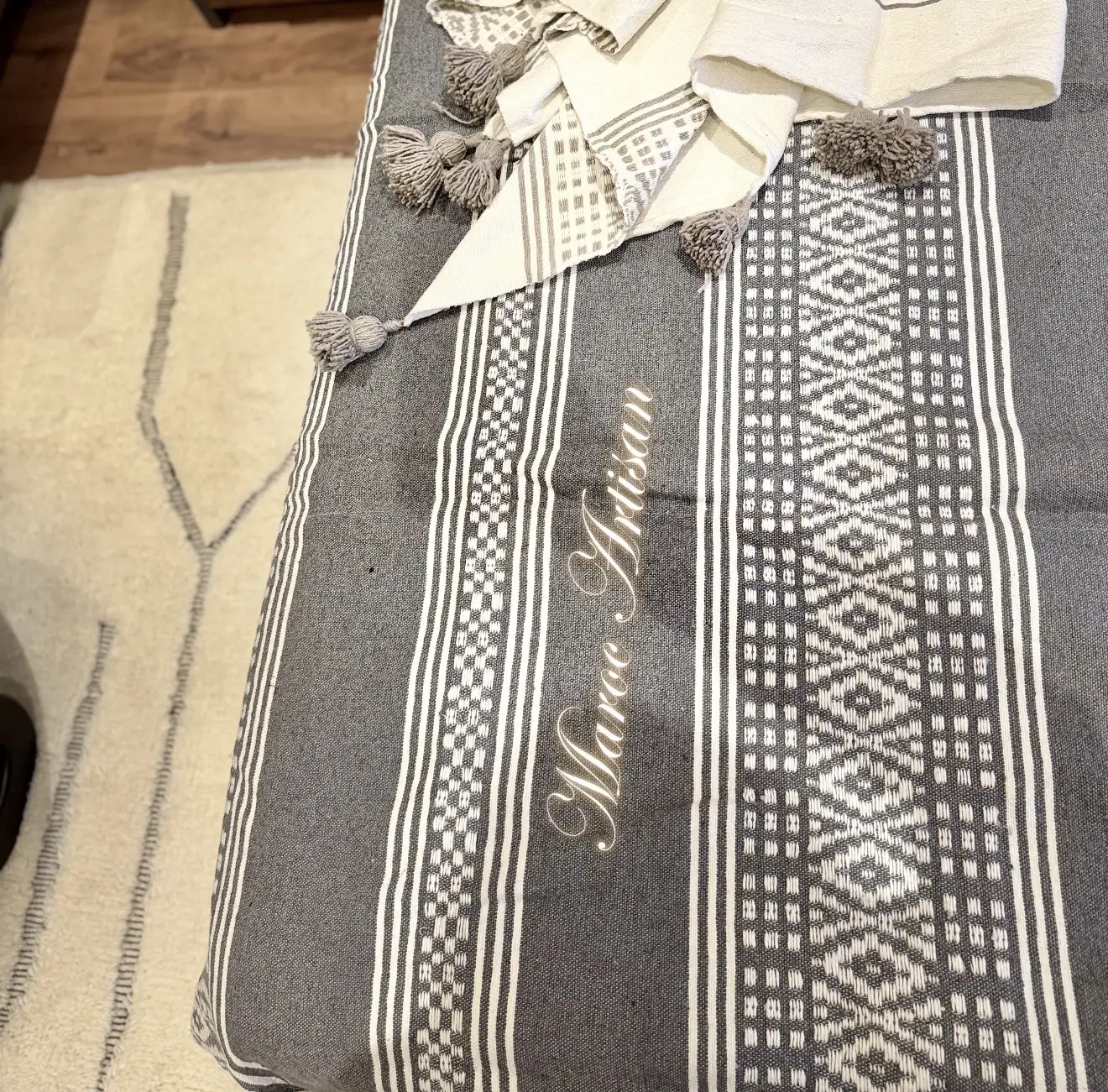 Authentic Moroccan Pom Pom Blanket – Grey & White Berber Loom Bedspread - Artisanal Pillows & Handwoven Wool Blankets