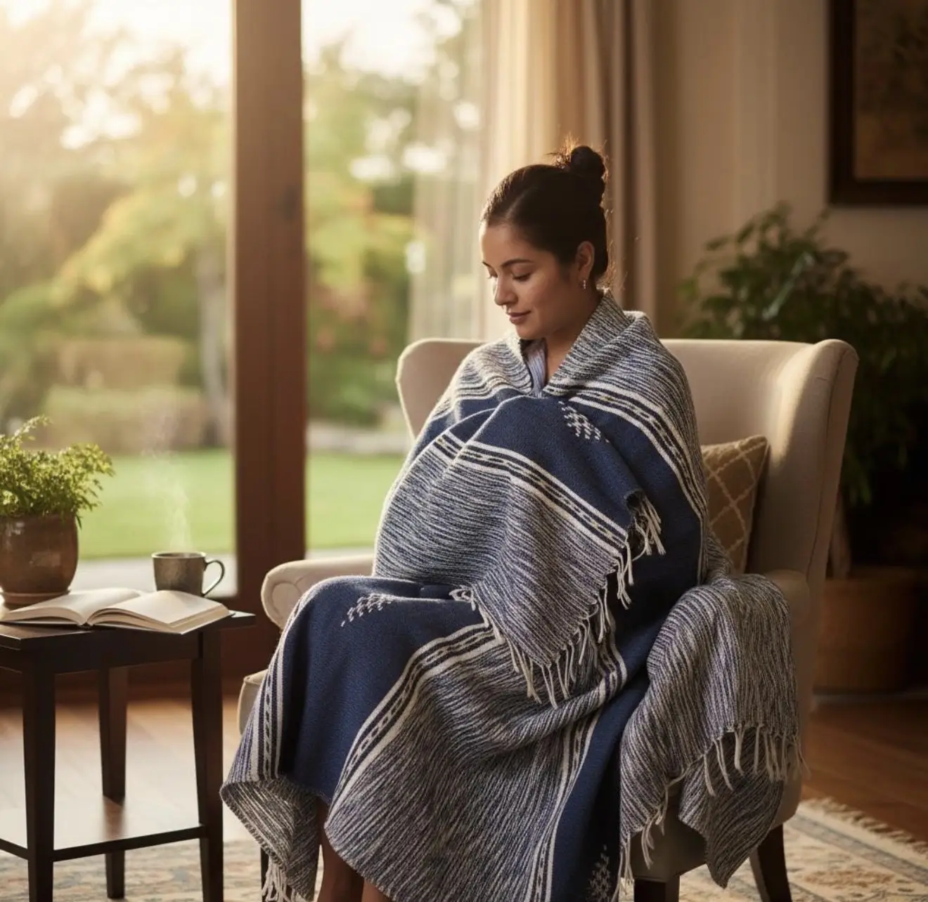 Handwoven Moroccan Berber Blanket – Wool & Cotton Indigo Blue Throw - Artisanal Pillows & Handwoven Wool Blankets