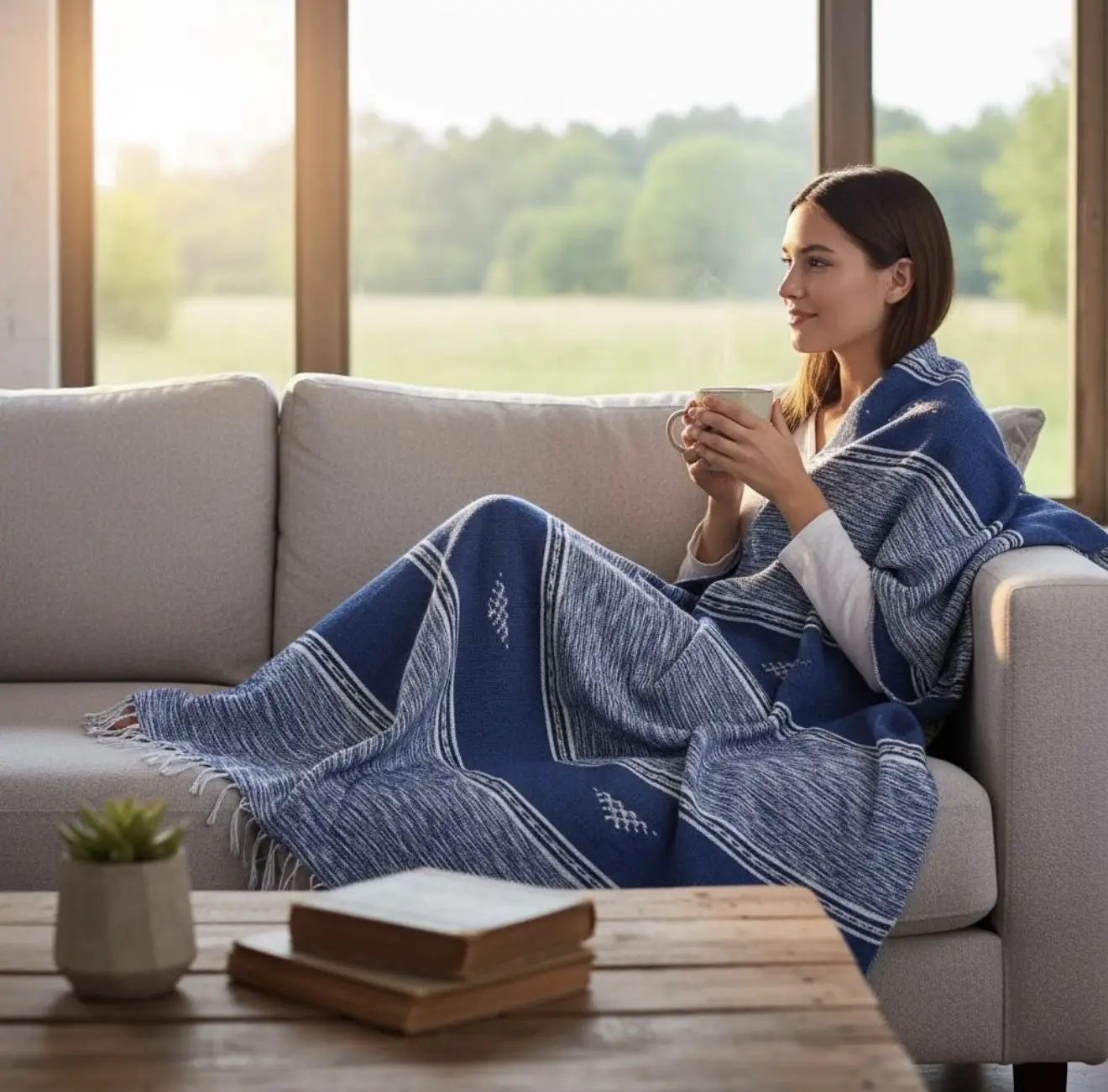 Handwoven Moroccan Berber Blanket – Wool & Cotton Indigo Blue Throw - Artisanal Pillows & Handwoven Wool Blankets