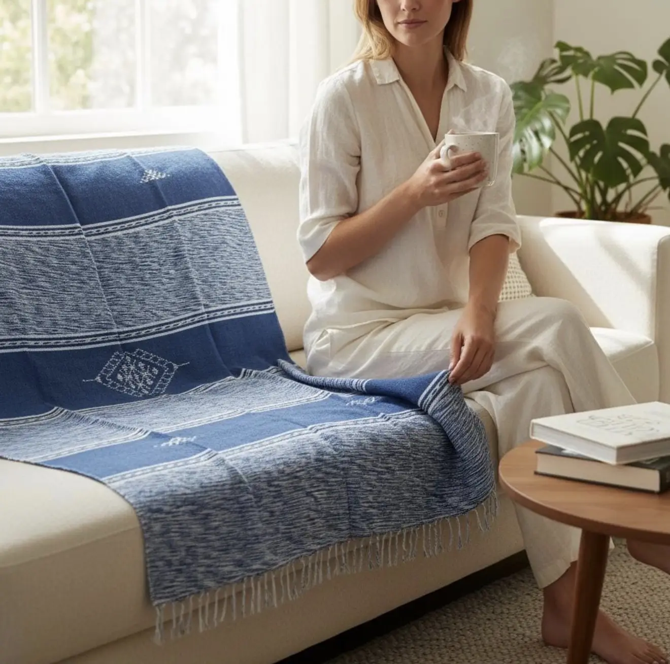 Handwoven Moroccan Berber Blanket – Wool & Cotton Indigo Blue Throw - Artisanal Pillows & Handwoven Wool Blankets