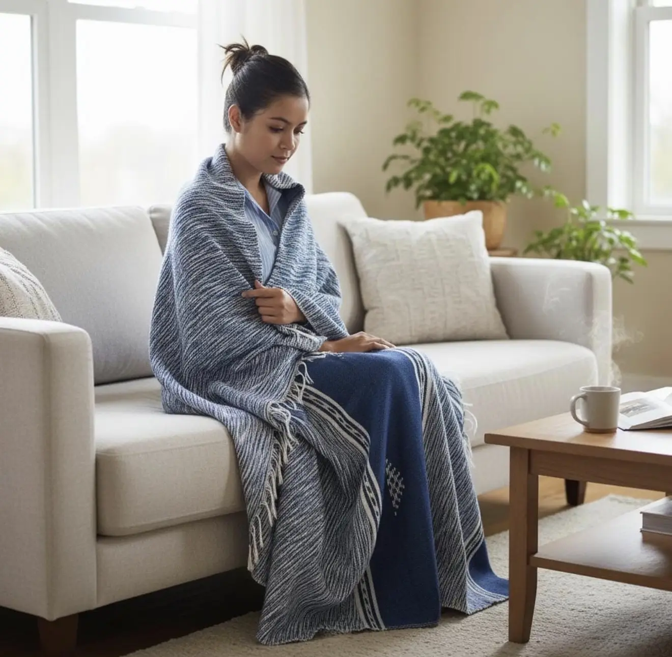 Handwoven Moroccan Berber Blanket – Wool & Cotton Indigo Blue Throw - Artisanal Pillows & Handwoven Wool Blankets