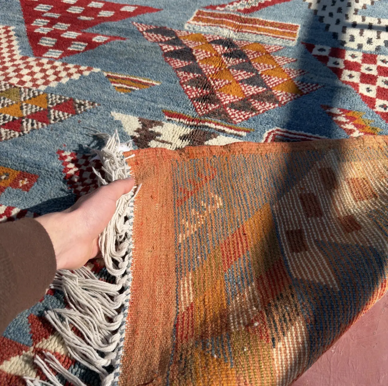 Handmade Moroccan Area Rug - Indigo Blue & Terracotta Wool Tribal Carpet - Custom-Made Rug