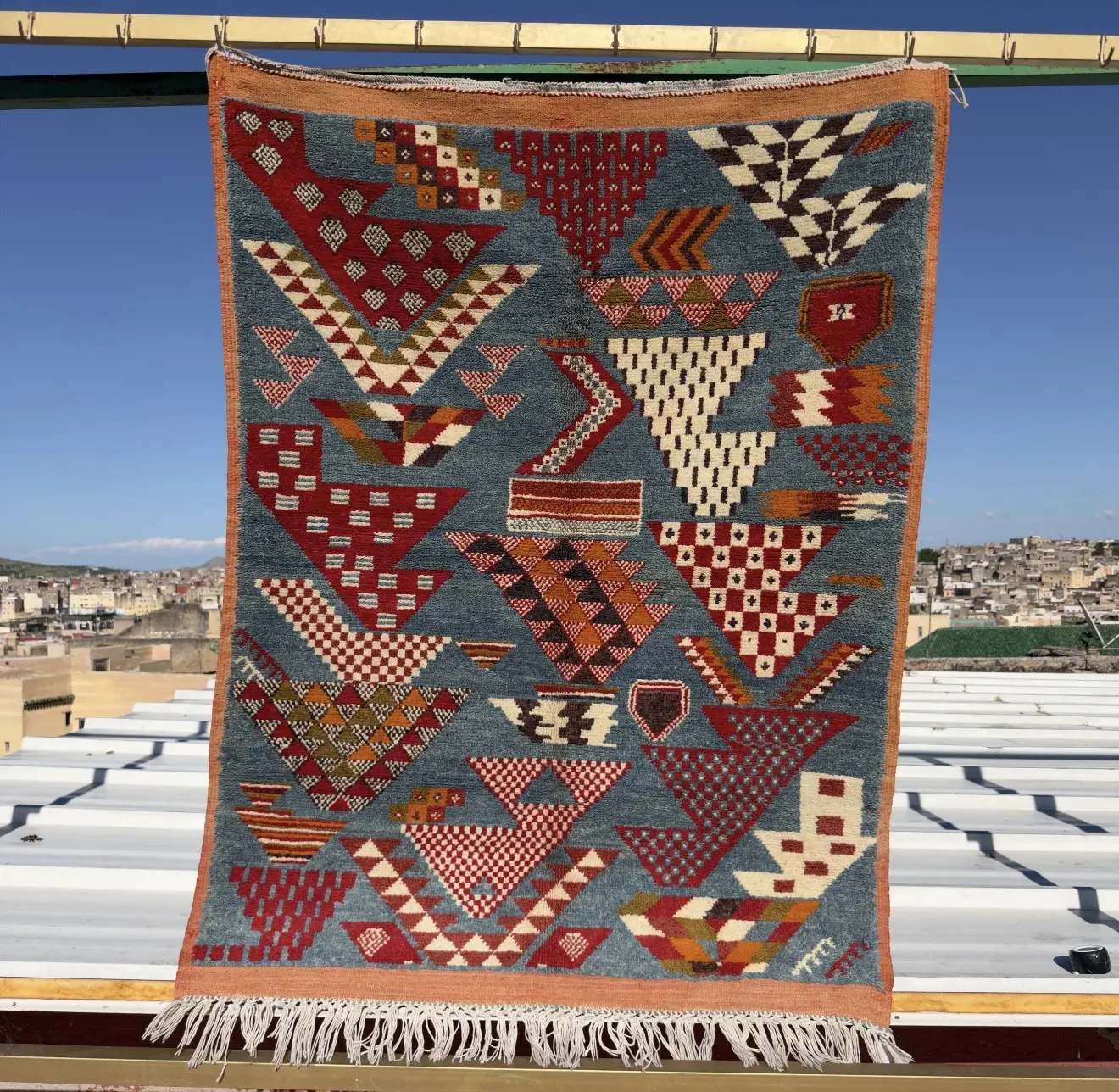 Handmade Moroccan Area Rug - Indigo Blue & Terracotta Wool Tribal Carpet - Custom-Made Rug