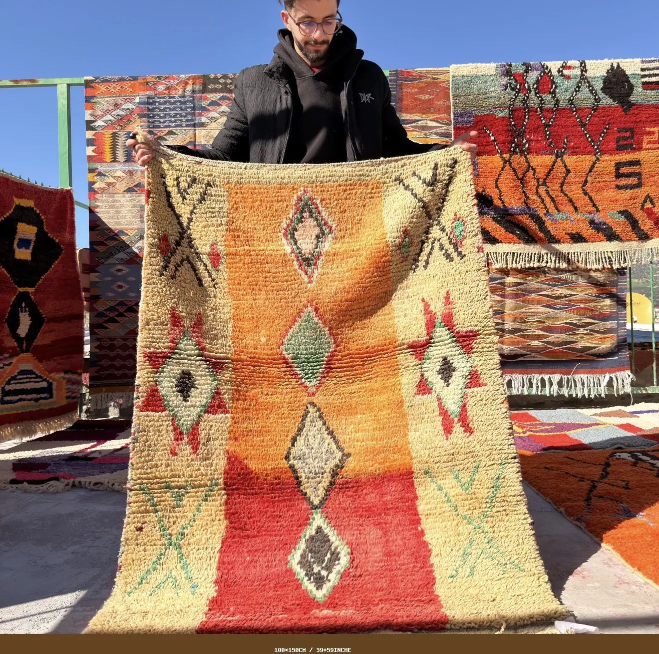 Handwoven Moroccan Wool Rug – Geometric Tribal Design in Orange, Red & Cream - 100*150CM / 39*59INCHE