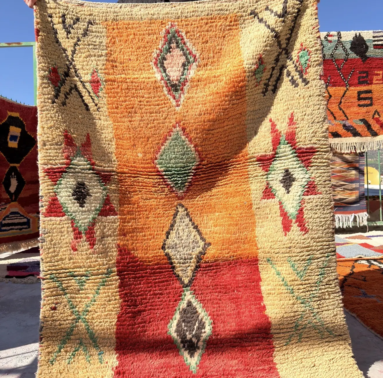 Handwoven Moroccan Wool Rug – Tribal Geometric Design in Orange, Red & Cream - Custom-Made Rug