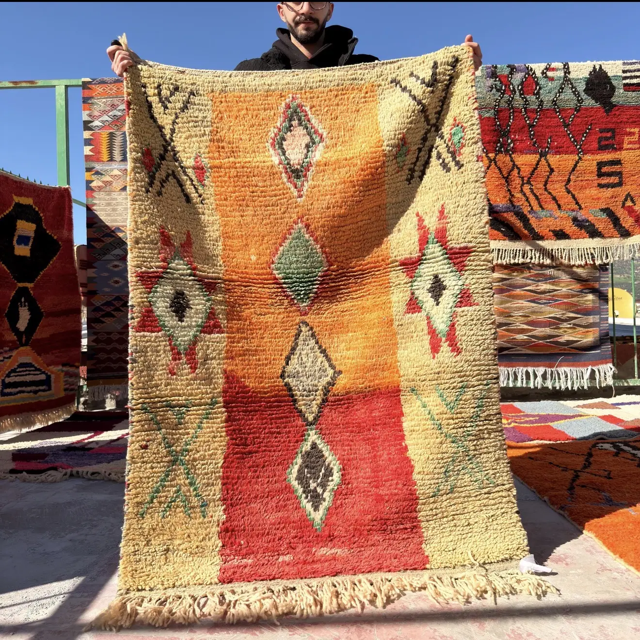 Handwoven Moroccan Wool Rug – Tribal Geometric Design in Orange, Red & Cream - Custom-Made Rug