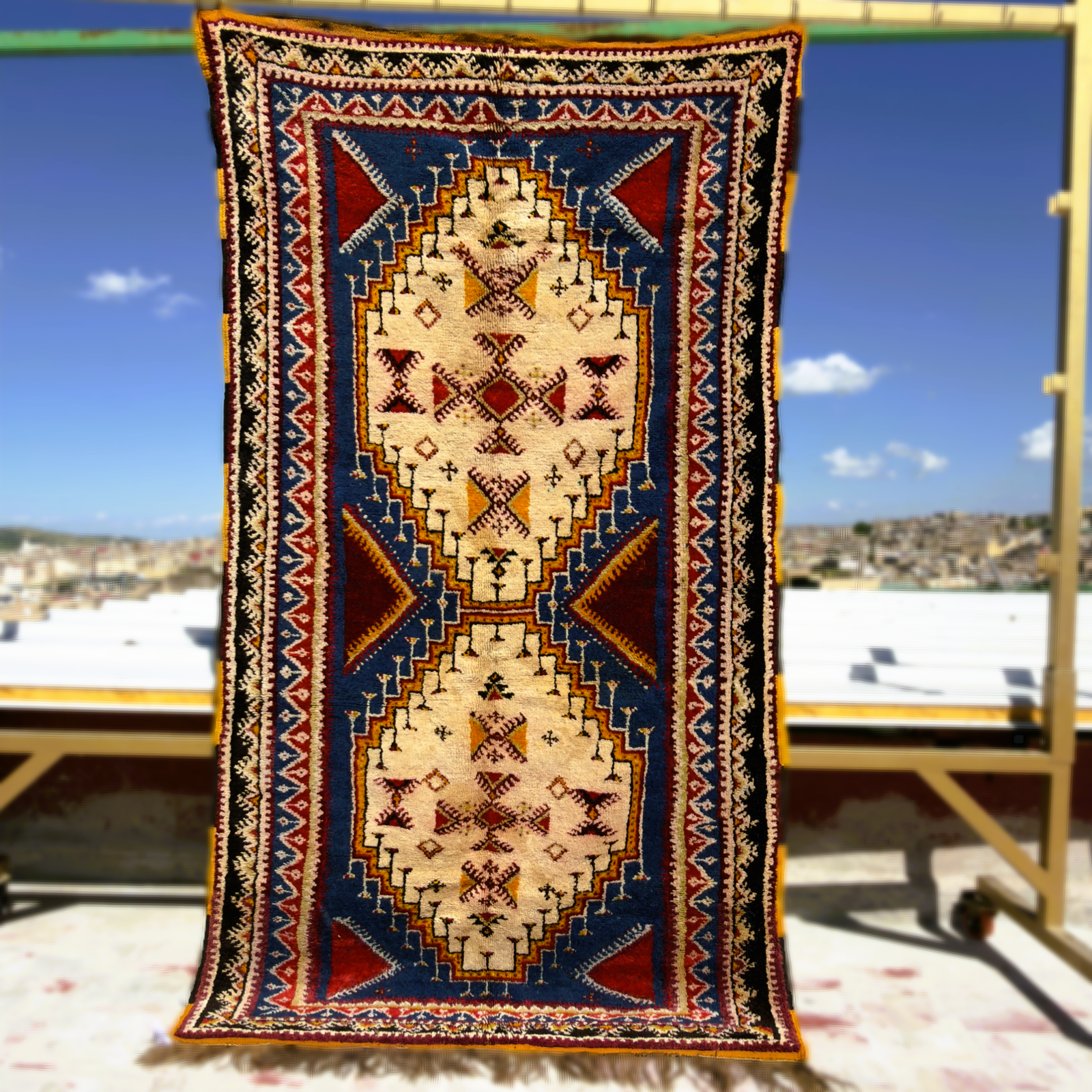 Vintage Moroccan Heritage Rug – Antique Jewish Berber Art from Igoudar | Camel & Sheep Wool Blend | Natural Plant Dyes | 7.4×4 ft